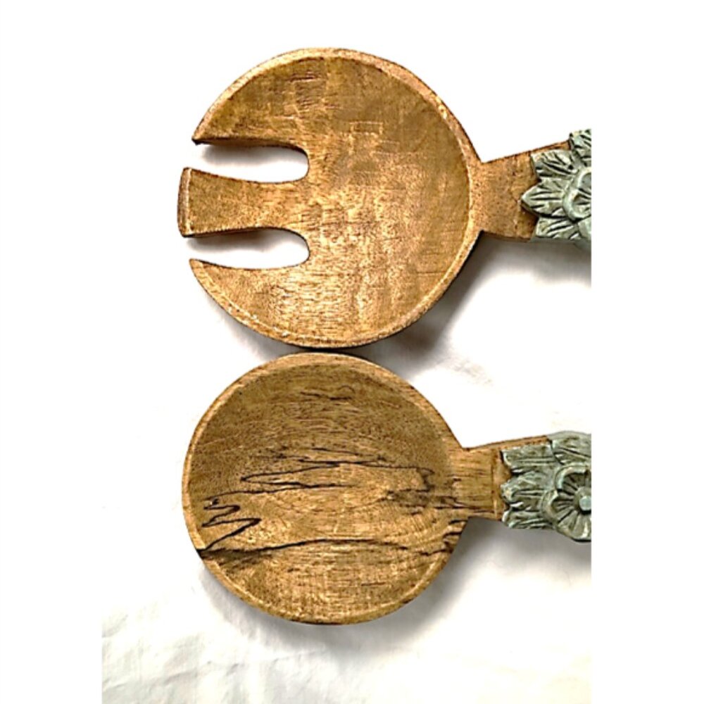 Handcrafted Wooden Salad Bowl Set with Floral Handles - Picture 6 of 11